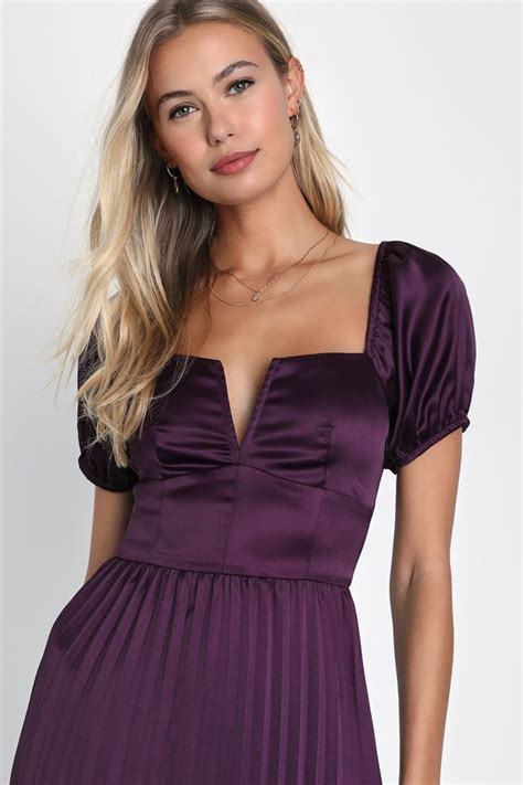 Dark Purple Dress - Satin Midi Dress - Purple Pleated Midi Dress - Lulus