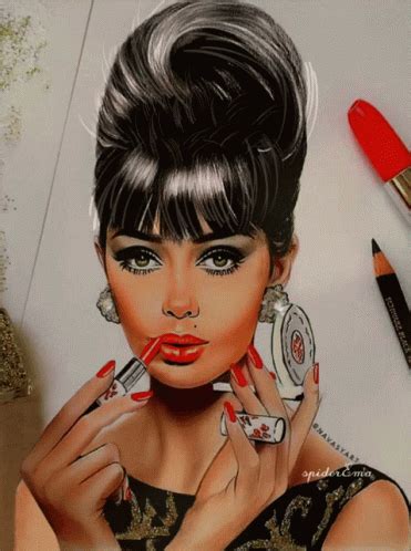 a drawing of a woman with lipstick and makeup brushes