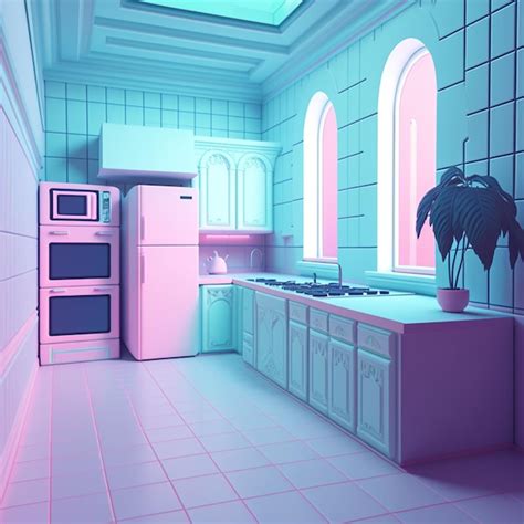 Premium AI Image | There is a pink refrigerator in a blue kitchen with ...