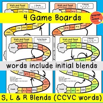 Phonics Board Game for Initial Blends | CCVC | L Blends R Blends S Blends