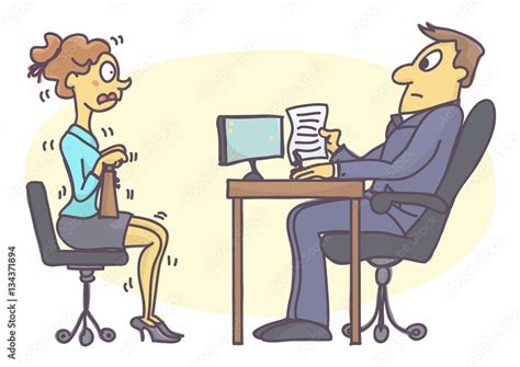 Young woman numbed with fear at job interview. Funny vector cartoon ...