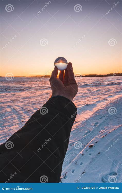 Winter Sunset with Sun Inside the Glass Sphere Stock Image - Image of wintersunset ...