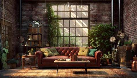 Premium AI Image | a living room with brick walls and woven sofa