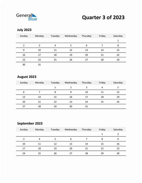 Q3 Quarterly Calendar 2023 in PDF, Word, Excel