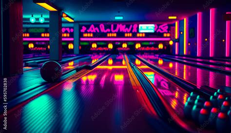 Bowling alley with neon lights and bowling ball on the bowling alley ...