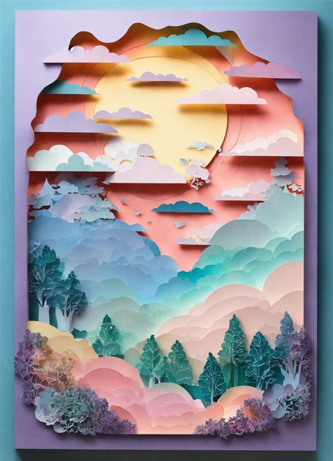 Lexica - 2d laser cut paper illustration. Layered paper. Dream factory. Iridescent clouds ...