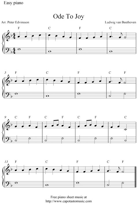 Easy piano solo arrangement of the melody Ode To Joy by Ludwig van Beethoven. Printable fre ...