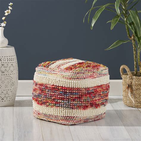 Noble House Levi Boho Wool and Cotton Ottoman Pouf, Multicolor, White ...