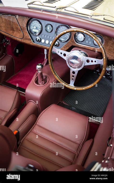 Dashboard & Interior of Morgan Sports Car showing Yarwood Imperial Leather and Motorlita wooden ...