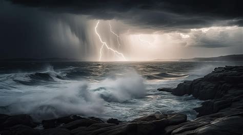 Premium AI Image | lightning strikes over the ocean