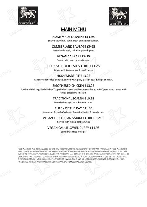 Menu at The White Lion pub & bar, Crewe, 35 Warmingham Rd