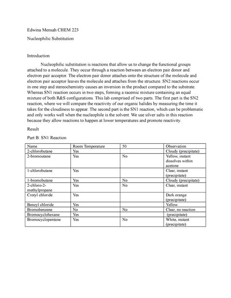 Nucleophilic Substitution Lab - Edwina Mensah CHEM 223 Nucleophilic ...