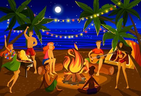 Young people at beach night party, cartoon characters around campfire ...