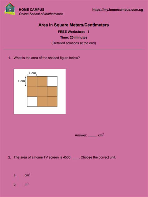 Free PDF Worksheets on Area in Square Centimeter Square Meters Units - Home Campus