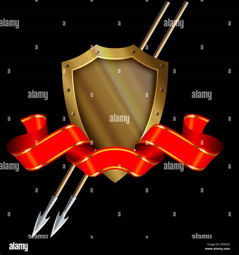 Medieval gold shield and gold ribbon on a black background Stock Photo - Alamy