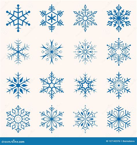 Collection of Blue Snowflakes. Sixteen Snowflakes of Different Shapes. Winter Set Illustration ...