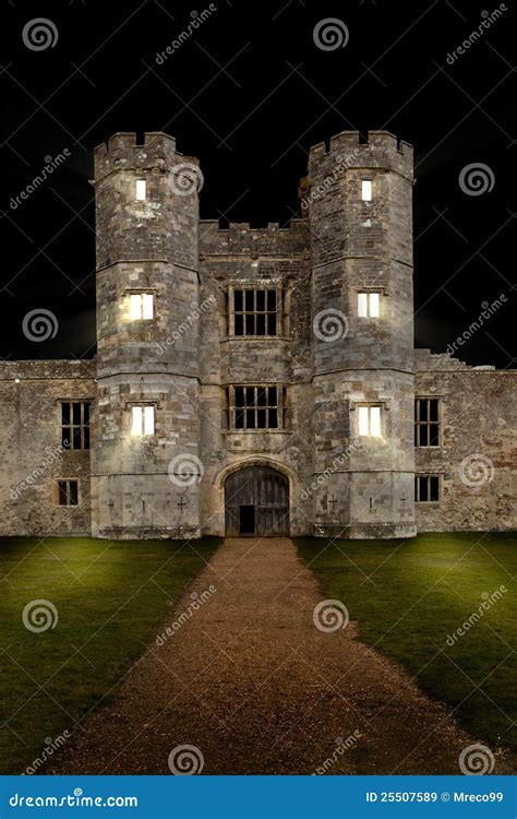 Old Castle at Night with Lights Shining Stock Image - Image of ancient ...