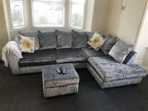 Grey crushed velvet corner sofa with footstool | in Portsmouth, Hampshire | Gumtree