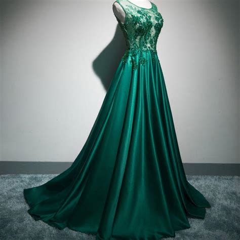 Long Prom Dresses Scoop Brush Train Hunter Green Beading Lace Prom Dre – Anna PromDress