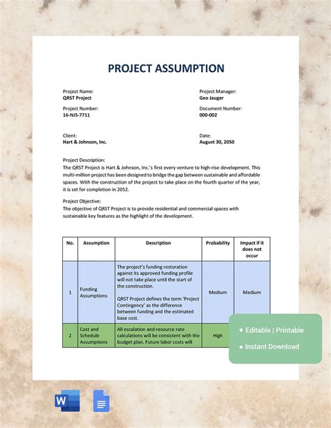 Project Management Assumptions Template in Word, Google Docs - Download ...