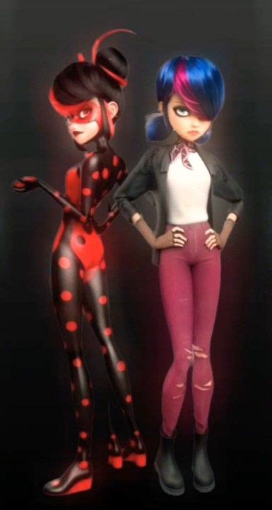 two cartoon characters standing next to each other in front of a black background with red spots