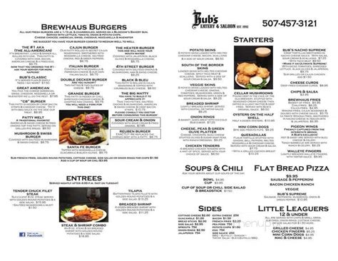 Menu of Bub's Brewing Co in Winona, MN 55987