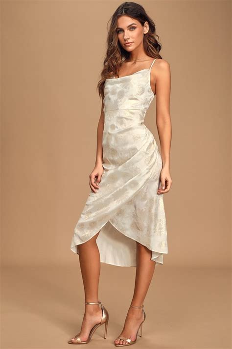 White Slip Dress - Gold Floral Dress - Cowl Neck Midi Dress - Lulus