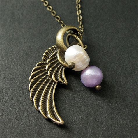 Angel Wing Pearl Necklace. Charm Necklace in Bronze and Fresh | Etsy