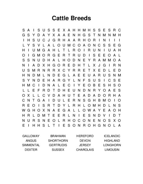 Cattle Breeds Word Search