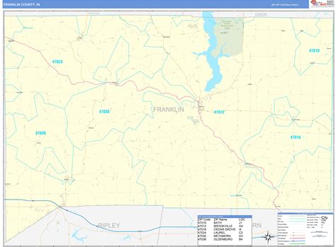 Franklin County, IN Zip Code Wall Map Basic Style by MarketMAPS