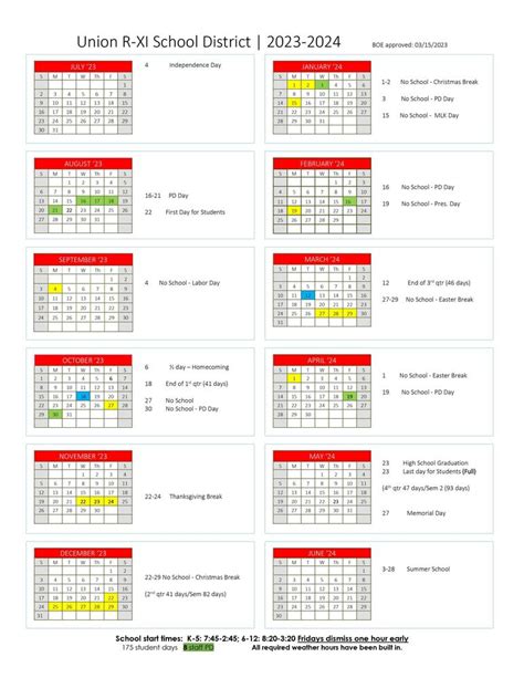 2023-2024 Union R-XI School District Academic Calendar | Union Middle School