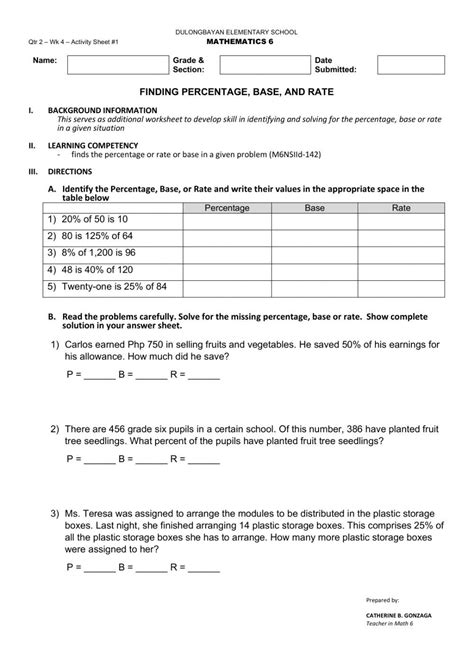 Determining Percentage, Base, & Rate Worksheet