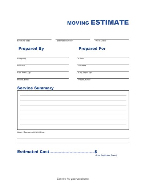 Moving Estimate Template | Invoice Maker