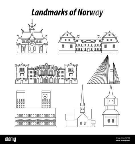 set of Norway famous landmarks by silhouette outline style,vector ...