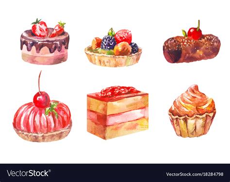 Set of cakes watercolor drawing art Royalty Free Vector