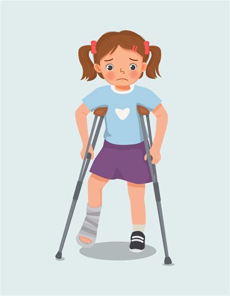 cute little girl has broken fracture leg with bandage cast on leg walking using crutches ...