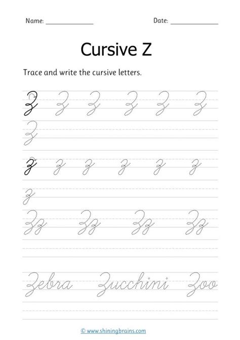 Cursive z - Free cursive writing worksheet for small and capital z practice