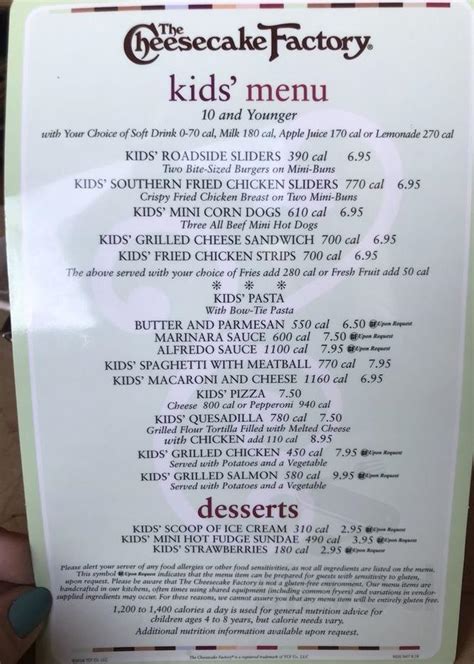 The Cheesecake Factory menu in Lincolnshire, Illinois, USA