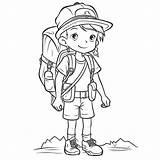 Little Boy Is Dressed In Hiking Gear To Color Outline Sketch Drawing  sketch template