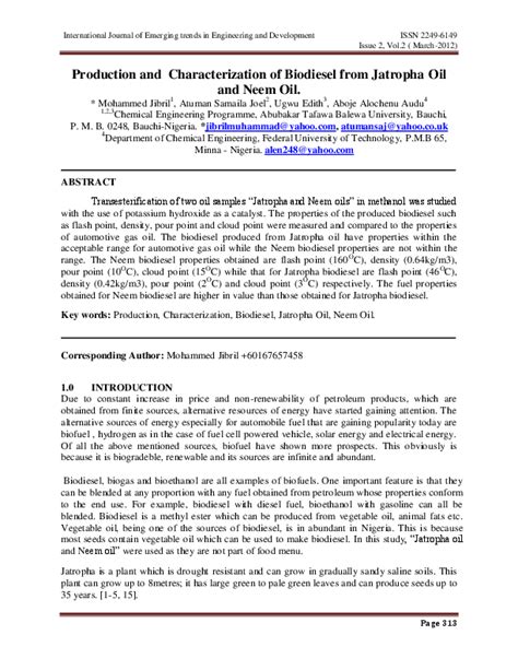 (PDF) Production and Characterization of Biodiesel from Jatropha Oil and Neem Oil. | Jibril ...