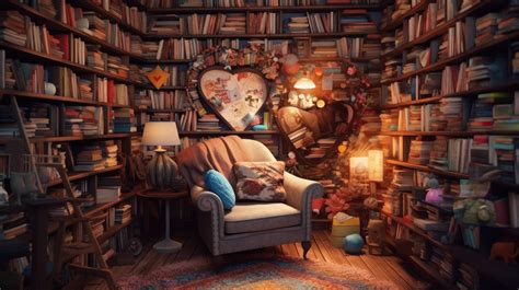 A 4K ultra hd wallpaper of a heart-shaped bookshelf filled with colorful books and a cozy ...