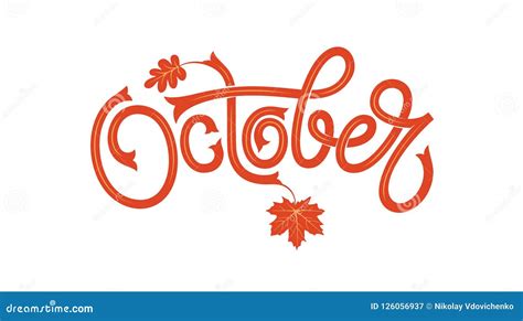 October Lettering Typography with Autumn Maple Leaf on White Isolated Background. Vector ...