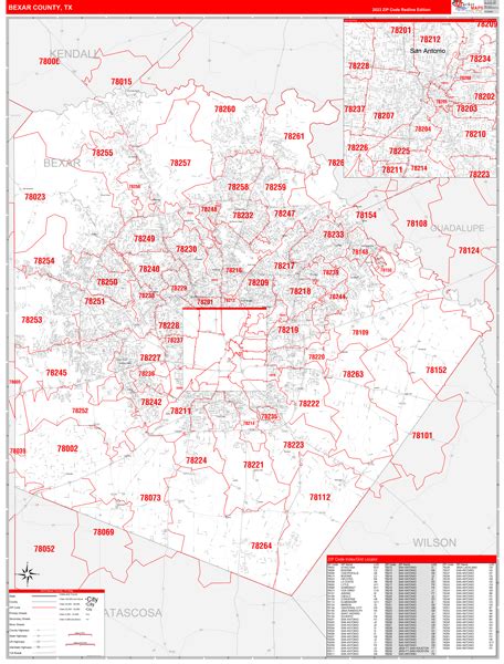 Bexar County, TX Zip Code Wall Map Red Line Style by MarketMAPS - MapSales