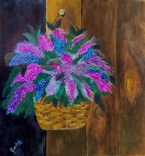 Buy Flower basket hanging in a wooden wall Handmade Painting by VARSHA SATHIAMOORTHY. Code:ART ...