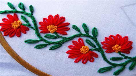 hand embroidery: flower border design | lazy daisy stitch | Hand embroidery designs, Flower ...