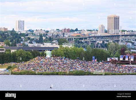 Pre-4th of July fireworks celebration at Gasworks park, Lake Union, Seattle, Washington State ...