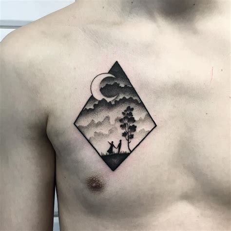 Serene Landscape Tattoo on the Chest