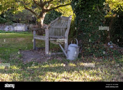 Wooden garden bench and metal water can Stock Photo - Alamy