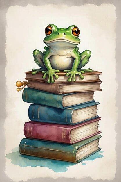 Premium AI Image | illustration of a cute frog sitting on a pile of books