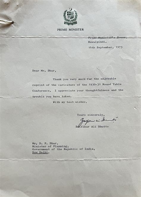 Zulfikar Ali Bhutto's letter to DP Dhar - 14 September 1973 - DP Dhar ...